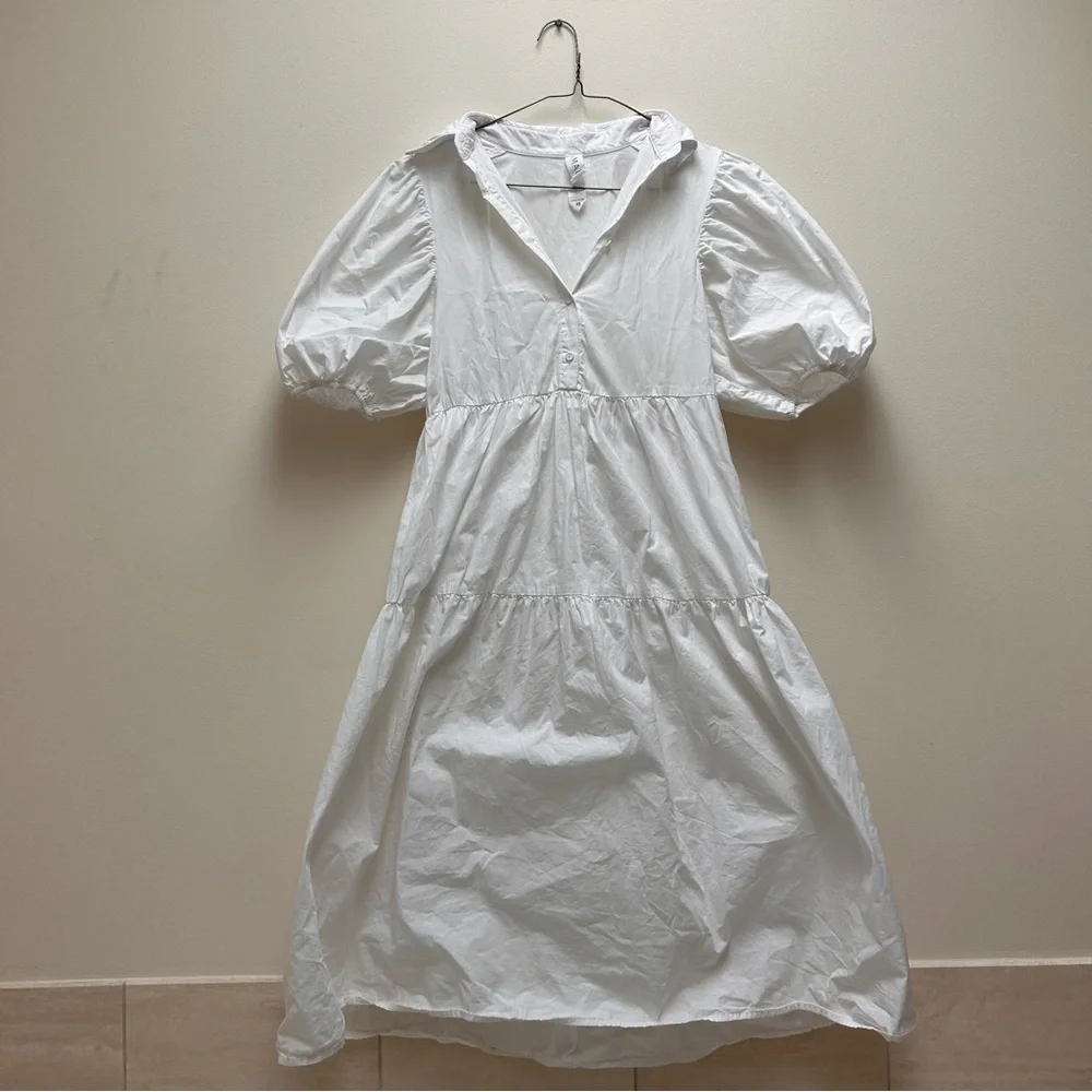 Anthropologie Amadi White Summer Tiered Midi Shirt Dress with Puff Sleeves - Picture 2 of 4
